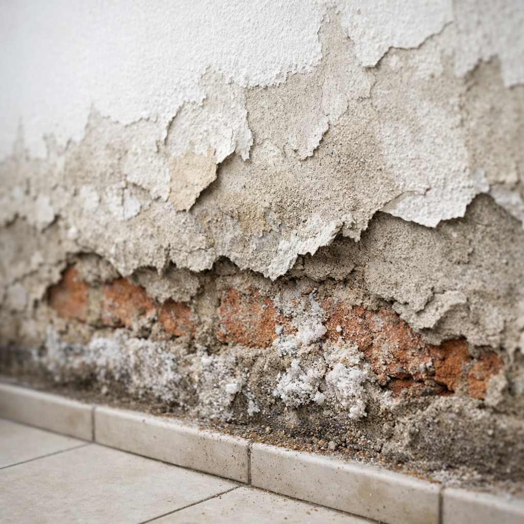 Detail poškozené vlhké omítky